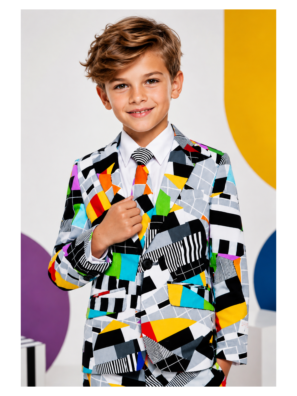 OPPOSUITS KOLOROWY GARNITUR DLA CHŁOPCA W GEOMETRYCZNY WZÓR TESTIVAL MARYNARKA , SPODNIE PLUS KRAWAT OSBO-0001