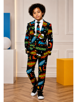 OPPOSUITS KOLOROWY GARNITUR DLA CHŁOPCA W KOMIKSOWY WZÓR BADABOOM MARYNARKA , SPODNIE I KRAWAT OSBO-0003