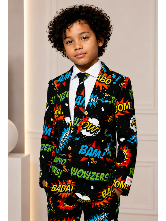 OPPOSUITS KOLOROWY GARNITUR DLA CHŁOPCA W KOMIKSOWY WZÓR BADABOOM MARYNARKA , SPODNIE I KRAWAT OSBO-0003