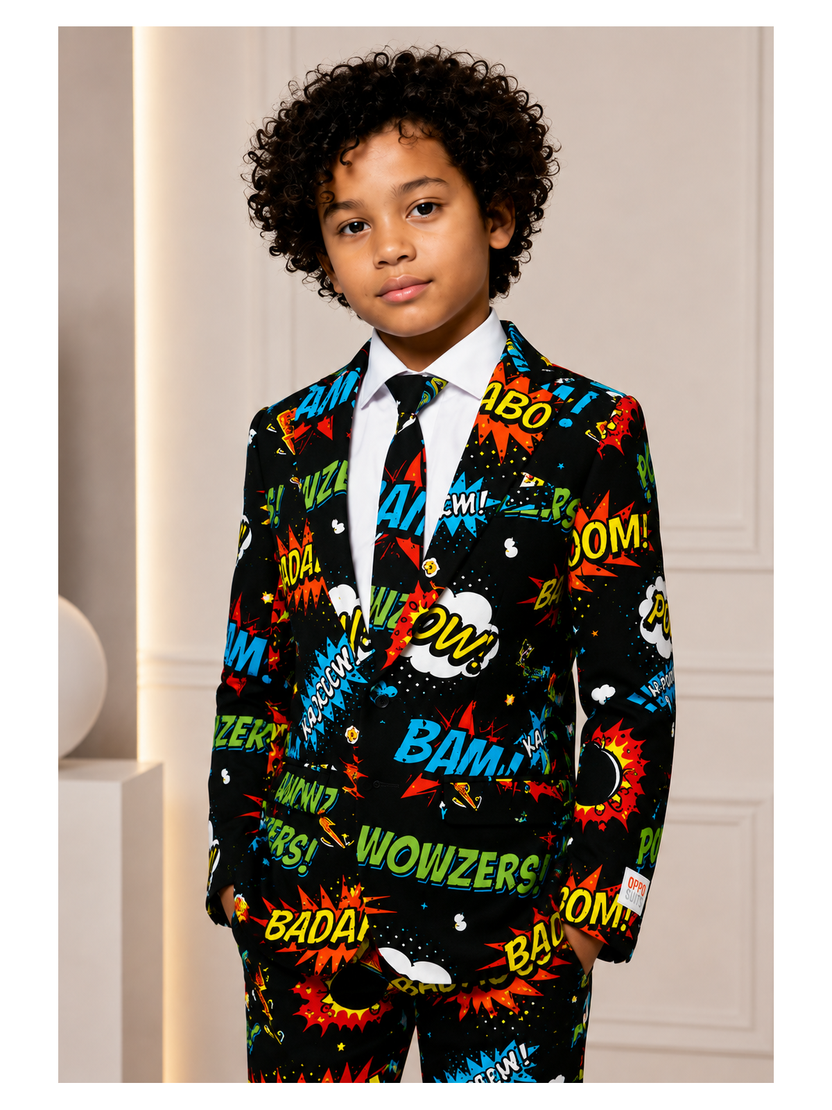 OPPOSUITS KOLOROWY GARNITUR DLA CHŁOPCA W KOMIKSOWY WZÓR BADABOOM MARYNARKA , SPODNIE I KRAWAT OSBO-0003