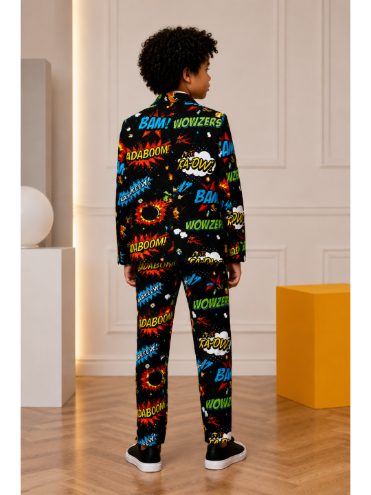 OPPOSUITS KOLOROWY GARNITUR DLA CHŁOPCA W KOMIKSOWY WZÓR BADABOOM MARYNARKA , SPODNIE I KRAWAT OSBO-0003