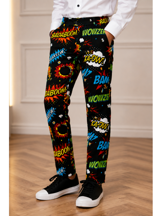 OPPOSUITS KOLOROWY GARNITUR DLA CHŁOPCA W KOMIKSOWY WZÓR BADABOOM MARYNARKA , SPODNIE I KRAWAT OSBO-0003