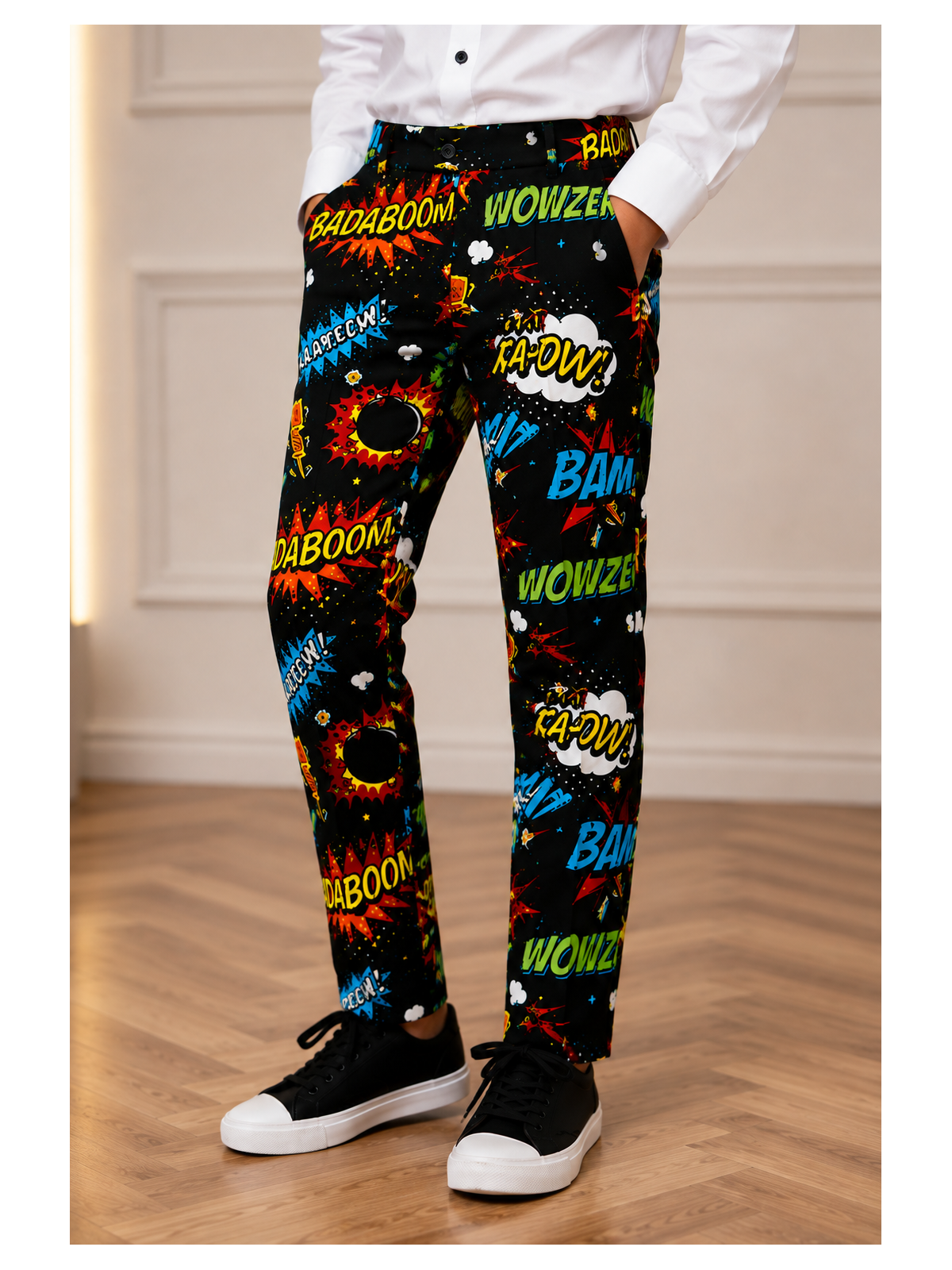 OPPOSUITS KOLOROWY GARNITUR DLA CHŁOPCA W KOMIKSOWY WZÓR BADABOOM MARYNARKA , SPODNIE I KRAWAT OSBO-0003