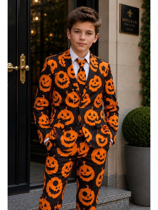 OPPOSUITS SUITMEISTER KOLOROWY GARNITUR DLA CHŁOPCA WE WZÓR HALLOWEEN  MARYNARKA , SPODNIE PLUS KRAWAT OBBO-10011