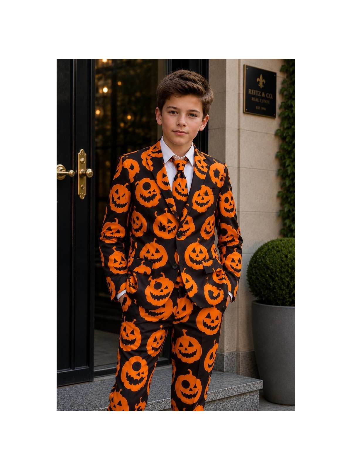 OPPOSUITS SUITMEISTER KOLOROWY GARNITUR DLA CHŁOPCA WE WZÓR HALLOWEEN  MARYNARKA , SPODNIE PLUS KRAWAT OBBO-10011
