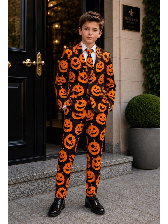 OPPOSUITS SUITMEISTER KOLOROWY GARNITUR DLA CHŁOPCA WE WZÓR HALLOWEEN  MARYNARKA , SPODNIE PLUS KRAWAT OBBO-10011