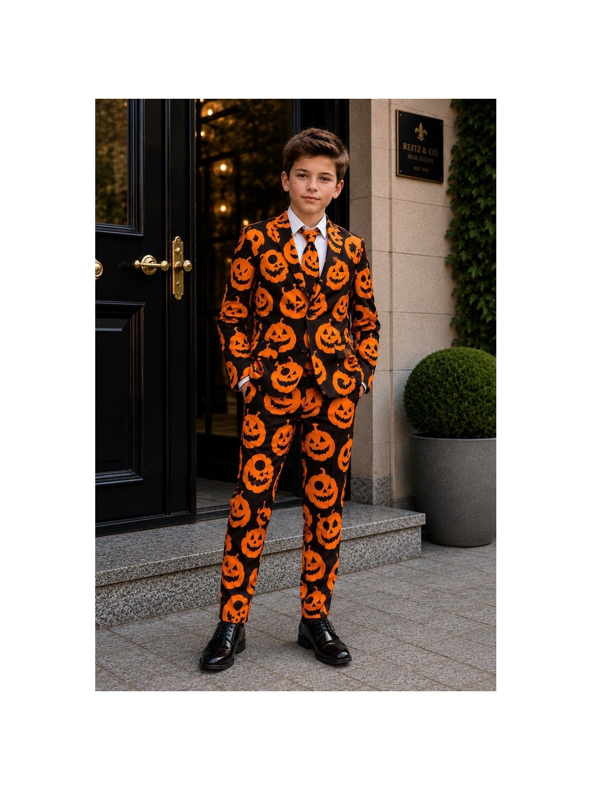 OPPOSUITS SUITMEISTER KOLOROWY GARNITUR DLA CHŁOPCA WE WZÓR HALLOWEEN  MARYNARKA , SPODNIE PLUS KRAWAT OBBO-10011