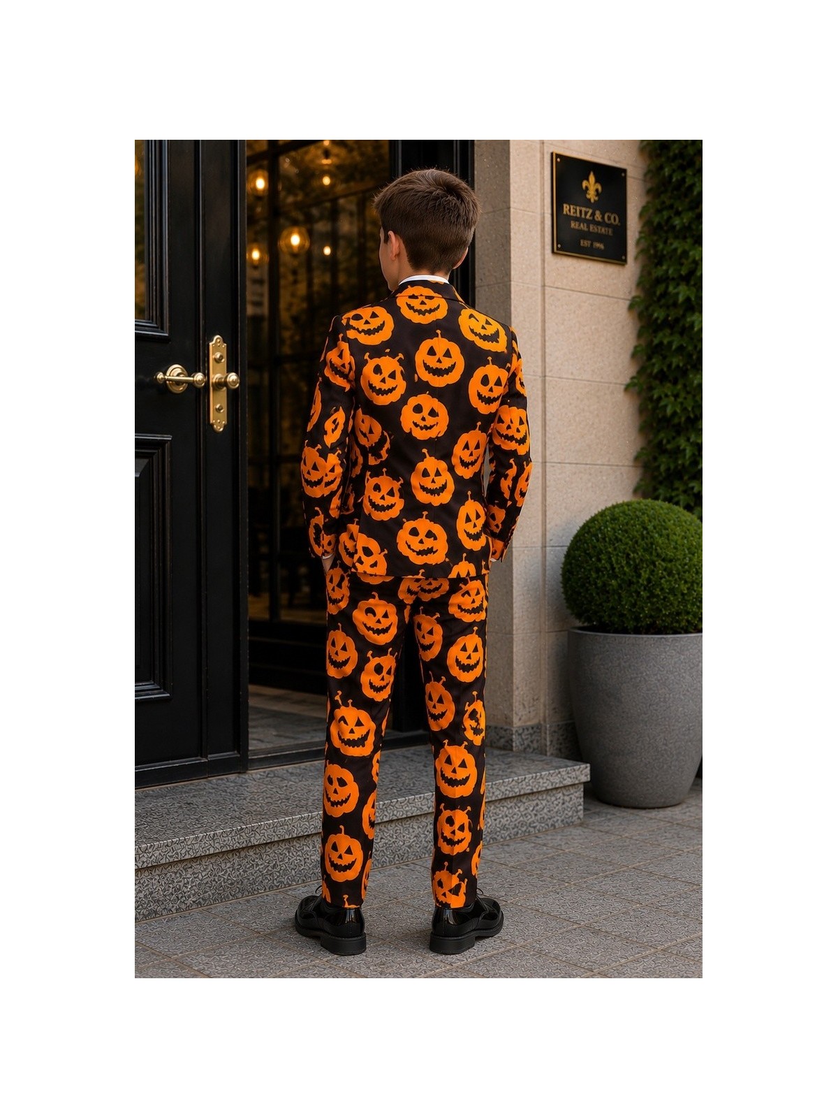 OPPOSUITS SUITMEISTER KOLOROWY GARNITUR DLA CHŁOPCA WE WZÓR HALLOWEEN  MARYNARKA , SPODNIE PLUS KRAWAT OBBO-10011