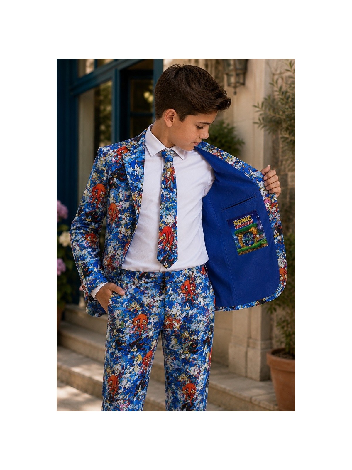 OPPOSUITS SONIC THE HEDGEHOG KOLOROWY GARNITUR CHŁOPIĘCY SUPER SONIC 3-CZĘŚCIOWY MARYNARKA , SPODNIE I KRAWAT OSBO-1022