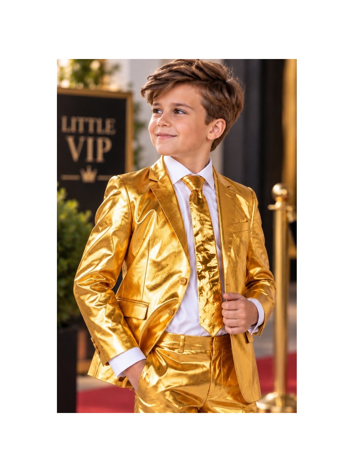 OPPOSUITS ZŁOTY GARNITUR CHŁOPIĘCY 3-CZĘŚCIOWY MARYNARKA , SPODNIE I KRAWAT GROOVY GOLD  OSBO-1009