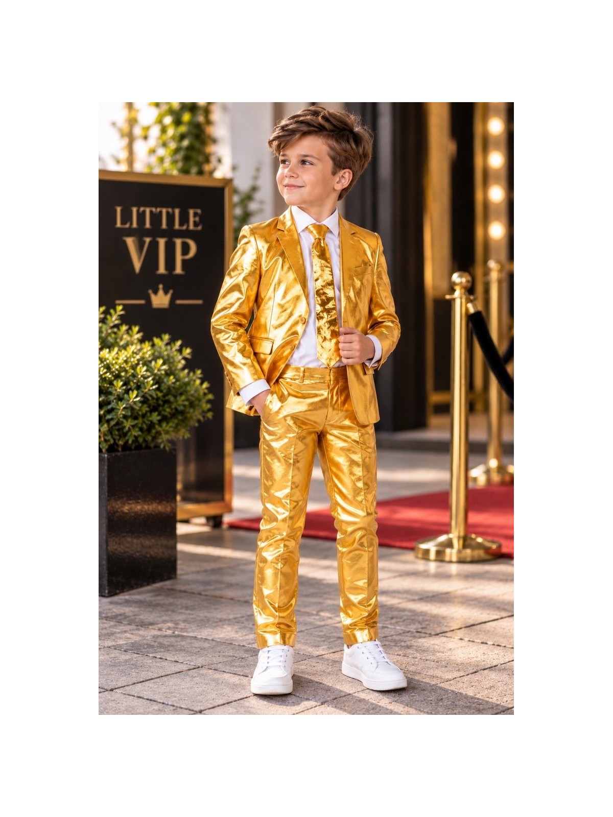 OPPOSUITS ZŁOTY GARNITUR CHŁOPIĘCY 3-CZĘŚCIOWY MARYNARKA , SPODNIE I KRAWAT GROOVY GOLD  OSBO-1009