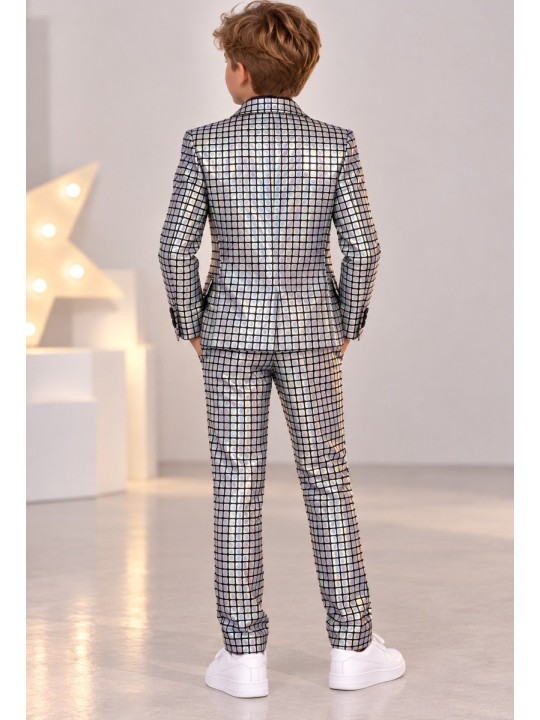 OPPOSUITS GARNITUR DLA CHŁOPCA HOLOGRAFICZNY SREBRNY DISCOBALLER 3-CZĘŚCIOWY MARYNARKA , SPODNIE I KRAWAT OSTB-1008-US