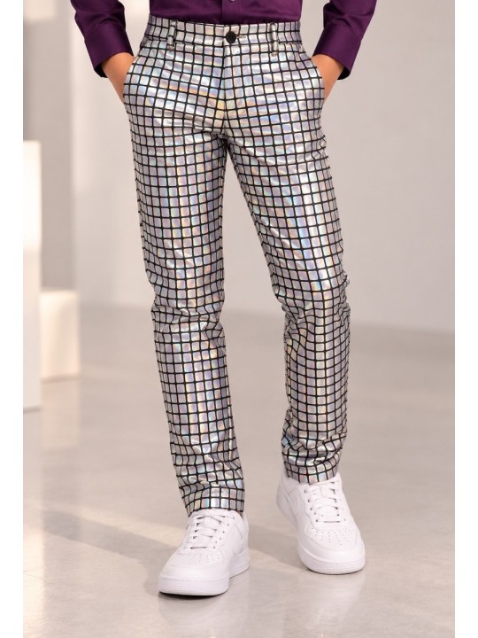 OPPOSUITS GARNITUR DLA CHŁOPCA HOLOGRAFICZNY SREBRNY DISCOBALLER 3-CZĘŚCIOWY MARYNARKA , SPODNIE I KRAWAT OSTB-1008-US