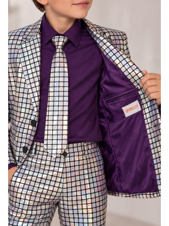 OPPOSUITS GARNITUR DLA CHŁOPCA HOLOGRAFICZNY SREBRNY DISCOBALLER 3-CZĘŚCIOWY MARYNARKA , SPODNIE I KRAWAT OSTB-1008-US