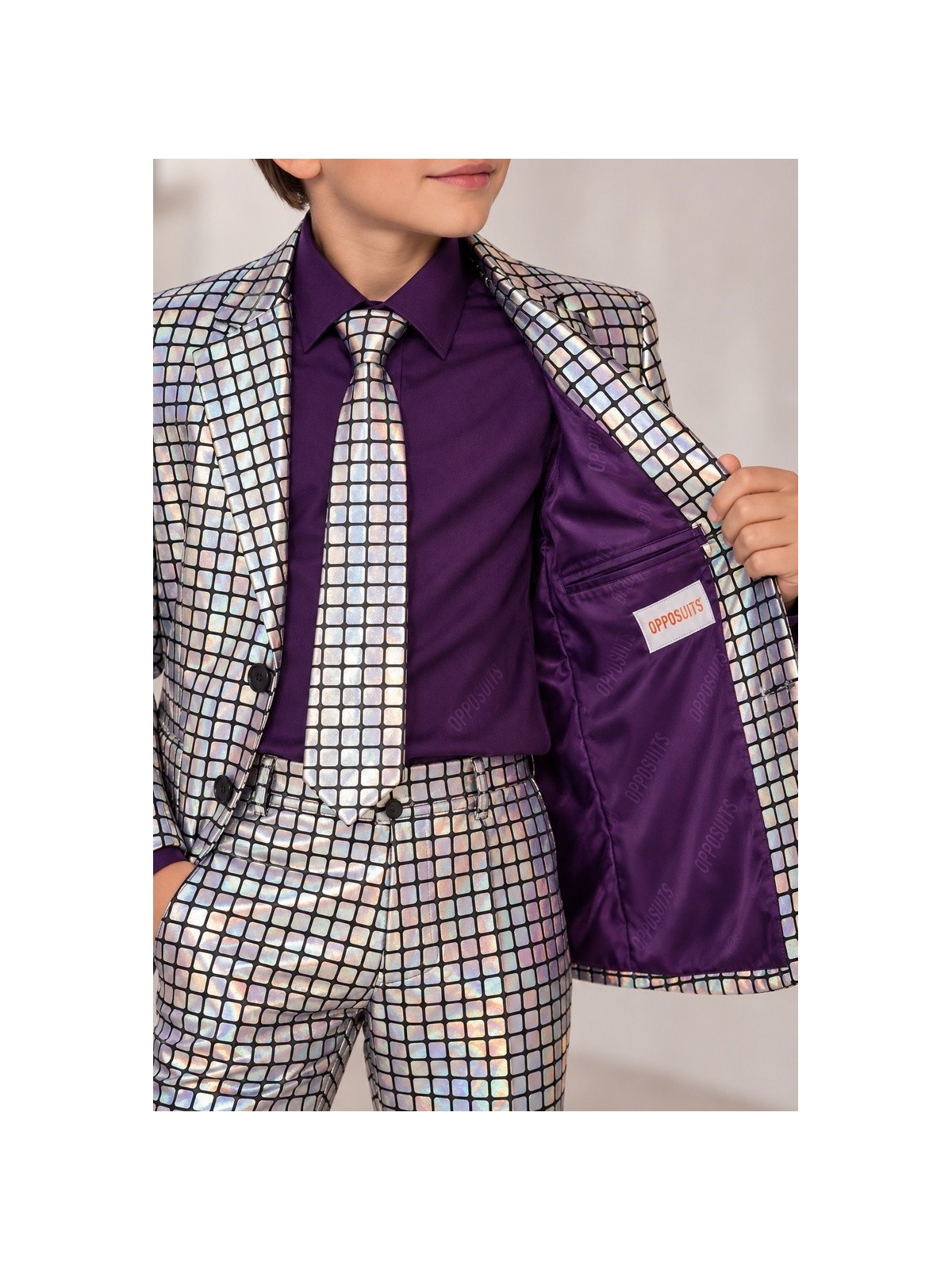 OPPOSUITS GARNITUR DLA CHŁOPCA HOLOGRAFICZNY SREBRNY DISCOBALLER 3-CZĘŚCIOWY MARYNARKA , SPODNIE I KRAWAT OSTB-1008-US