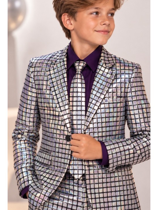 OPPOSUITS GARNITUR DLA CHŁOPCA HOLOGRAFICZNY SREBRNY DISCOBALLER 3-CZĘŚCIOWY MARYNARKA , SPODNIE I KRAWAT OSTB-1008-US