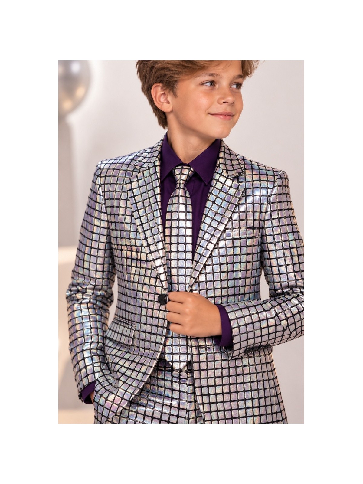 OPPOSUITS GARNITUR DLA CHŁOPCA HOLOGRAFICZNY SREBRNY DISCOBALLER 3-CZĘŚCIOWY MARYNARKA , SPODNIE I KRAWAT OSTB-1008-US