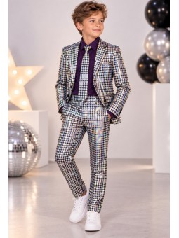OPPOSUITS GARNITUR DLA CHŁOPCA HOLOGRAFICZNY SREBRNY DISCOBALLER 3-CZĘŚCIOWY MARYNARKA , SPODNIE I KRAWAT OSTB-1008-US