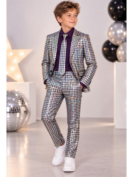OPPOSUITS GARNITUR DLA CHŁOPCA HOLOGRAFICZNY SREBRNY DISCOBALLER 3-CZĘŚCIOWY MARYNARKA , SPODNIE I KRAWAT OSTB-1008-US