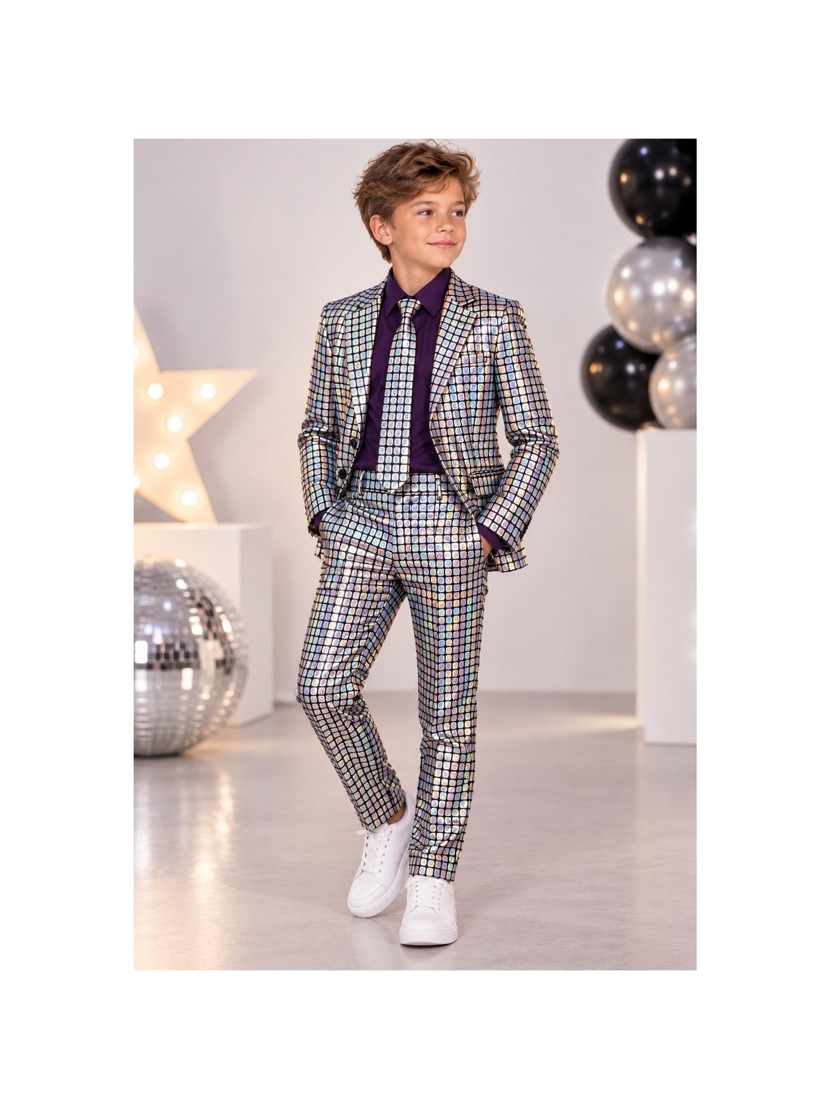OPPOSUITS GARNITUR DLA CHŁOPCA HOLOGRAFICZNY SREBRNY DISCOBALLER 3-CZĘŚCIOWY MARYNARKA , SPODNIE I KRAWAT OSTB-1008-US