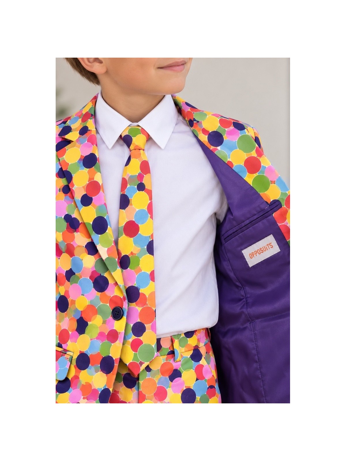 OPPOSUITS KOLOROWY  GARNITUR CHŁOPIĘCY CONFETTERONI 3-CZĘŚCIOWY MARYNARKA , SPODNIE I KRAWAT OSBO-1003