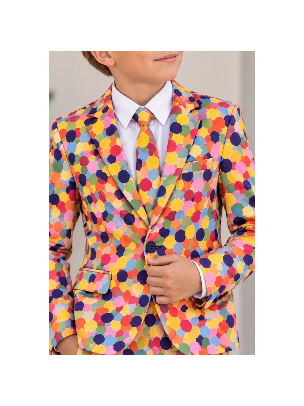 OPPOSUITS KOLOROWY  GARNITUR CHŁOPIĘCY CONFETTERONI 3-CZĘŚCIOWY MARYNARKA , SPODNIE I KRAWAT OSBO-1003