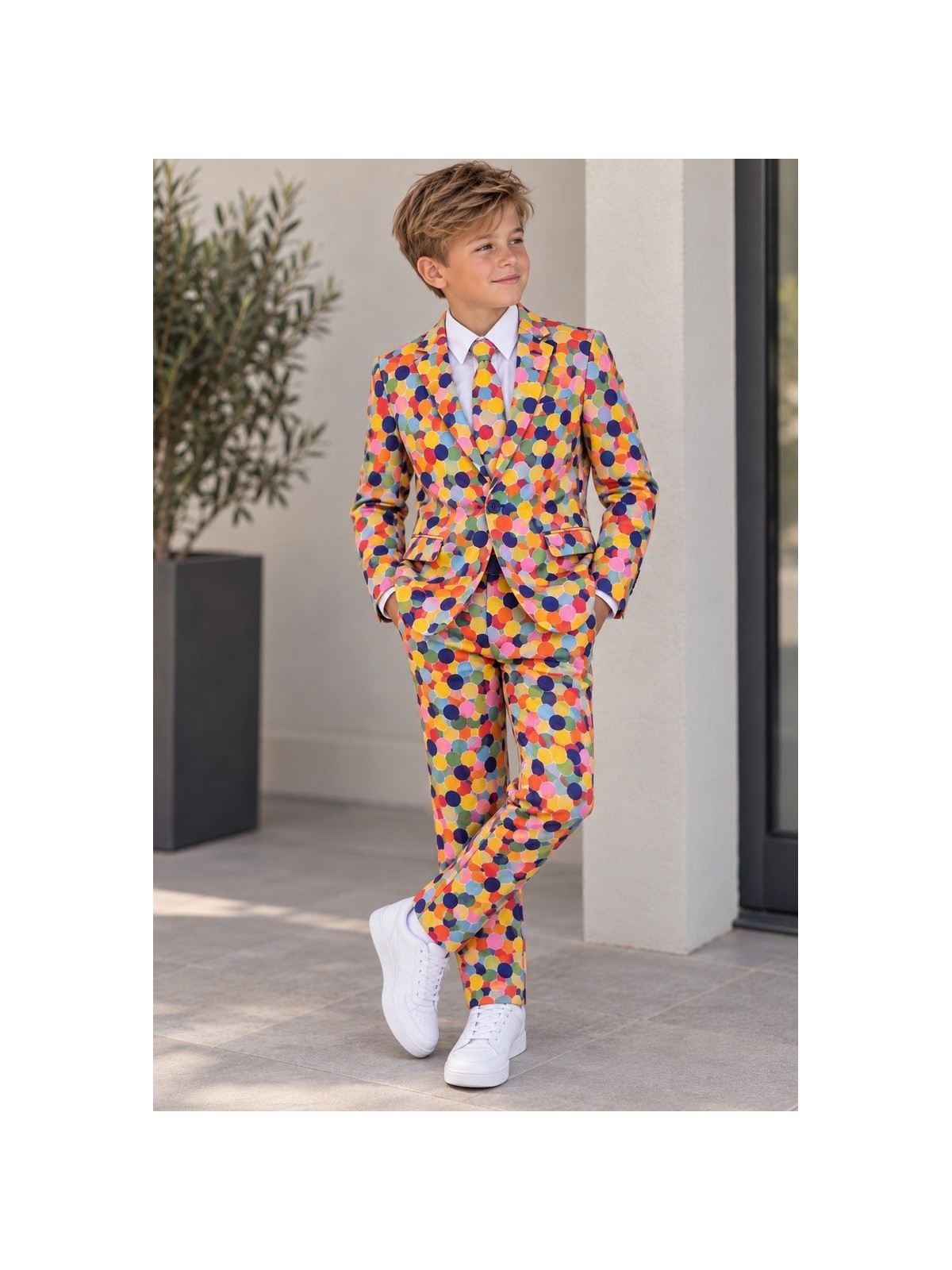 OPPOSUITS KOLOROWY  GARNITUR CHŁOPIĘCY CONFETTERONI 3-CZĘŚCIOWY MARYNARKA , SPODNIE I KRAWAT OSBO-1003