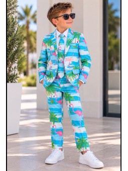 OPPOSUITS KOLOROWT CHŁOPIĘCY FLAMINGI I PALMY 3-CZĘŚCIOWY MARYNARKA , SPODNIE I KRAWAT OSBO-0013