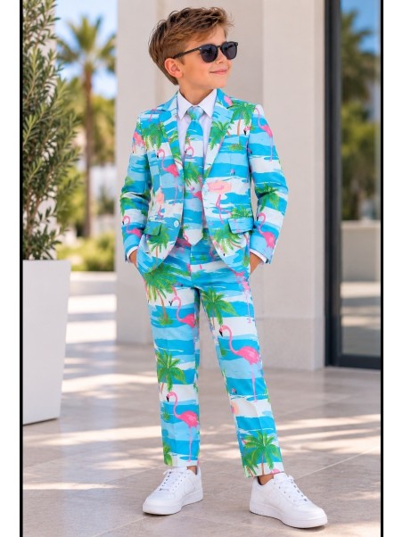 OPPOSUITS KOLOROWT CHŁOPIĘCY FLAMINGI I PALMY 3-CZĘŚCIOWY MARYNARKA , SPODNIE I KRAWAT OSBO-0013