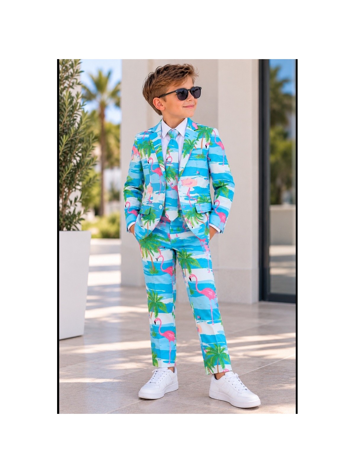 OPPOSUITS KOLOROWT CHŁOPIĘCY FLAMINGI I PALMY 3-CZĘŚCIOWY MARYNARKA , SPODNIE I KRAWAT OSBO-0013