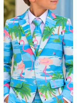 OPPOSUITS KOLOROWT CHŁOPIĘCY FLAMINGI I PALMY 3-CZĘŚCIOWY MARYNARKA , SPODNIE I KRAWAT OSBO-0013