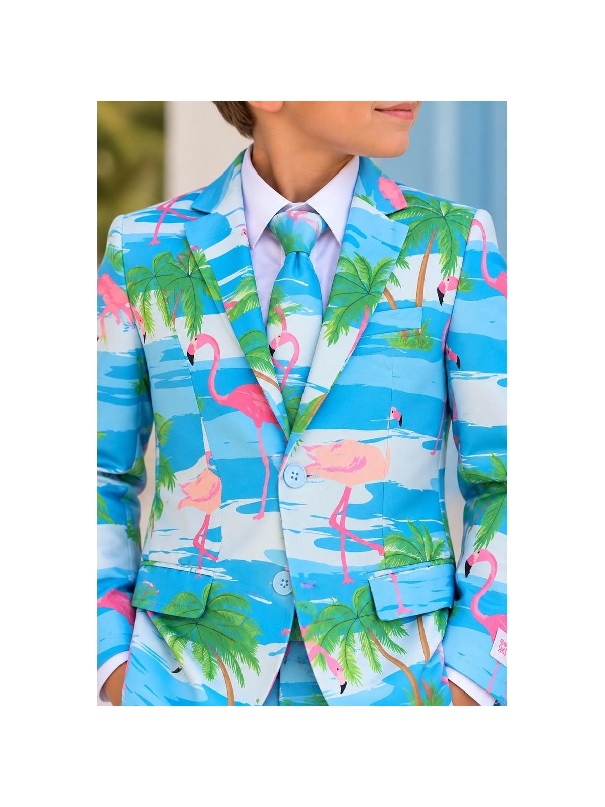 OPPOSUITS KOLOROWT CHŁOPIĘCY FLAMINGI I PALMY 3-CZĘŚCIOWY MARYNARKA , SPODNIE I KRAWAT OSBO-0013