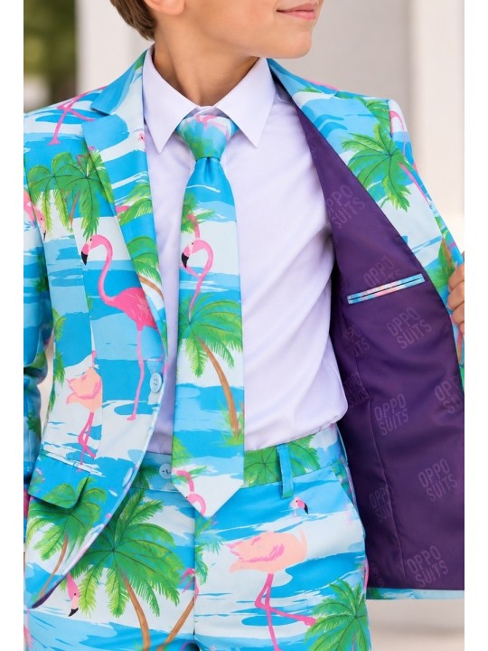 OPPOSUITS KOLOROWT CHŁOPIĘCY FLAMINGI I PALMY 3-CZĘŚCIOWY MARYNARKA , SPODNIE I KRAWAT OSBO-0013