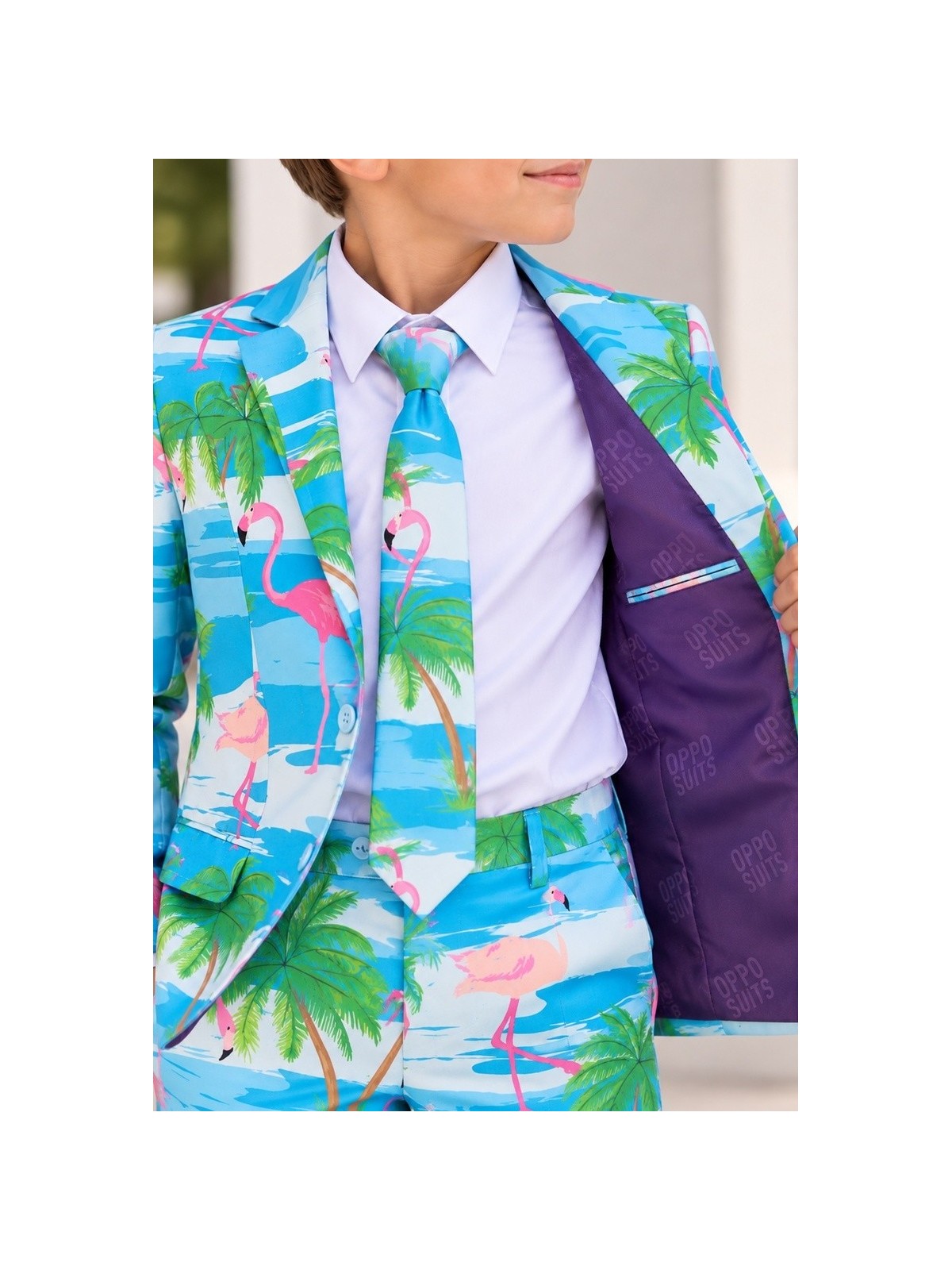 OPPOSUITS KOLOROWT CHŁOPIĘCY FLAMINGI I PALMY 3-CZĘŚCIOWY MARYNARKA , SPODNIE I KRAWAT OSBO-0013