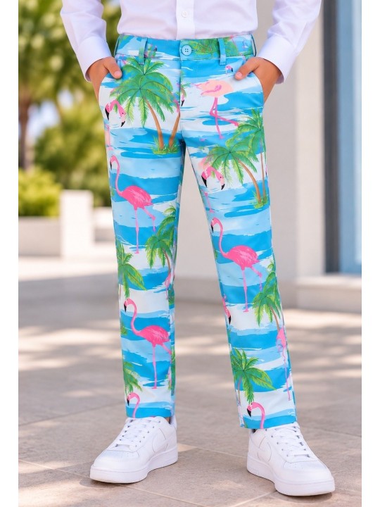 OPPOSUITS KOLOROWT CHŁOPIĘCY FLAMINGI I PALMY 3-CZĘŚCIOWY MARYNARKA , SPODNIE I KRAWAT OSBO-0013