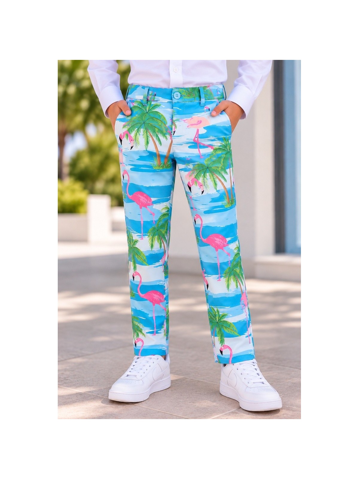 OPPOSUITS KOLOROWT CHŁOPIĘCY FLAMINGI I PALMY 3-CZĘŚCIOWY MARYNARKA , SPODNIE I KRAWAT OSBO-0013