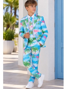 OPPOSUITS GARNITUR DLA CHŁOPCA W KOLOROWE WZORY FLAMINGGI I PALMY 3-CZĘŚCIOWY MARYNARKA , SPODNIE I KRAWAT OSTB-0013