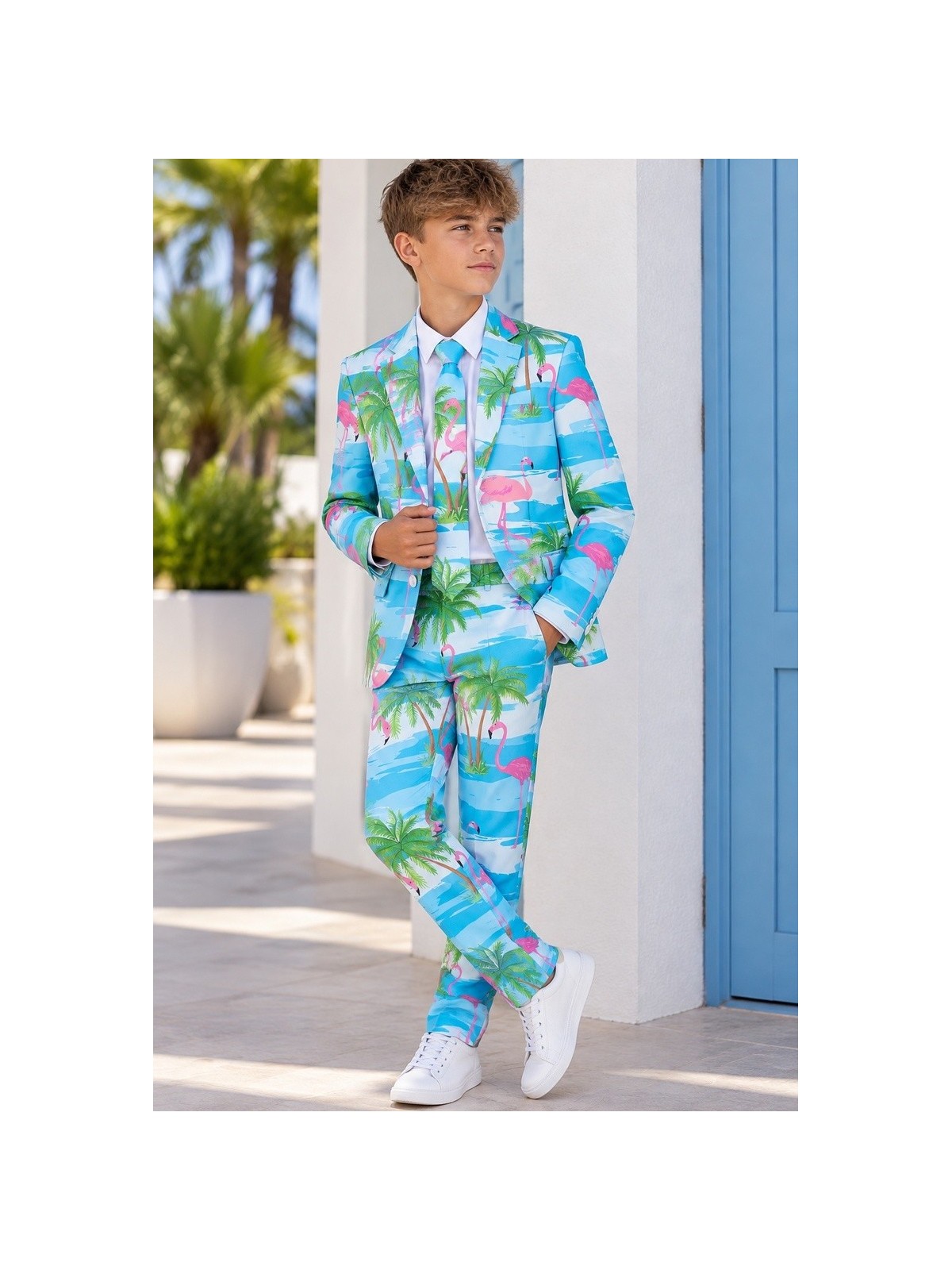 OPPOSUITS GARNITUR DLA CHŁOPCA W KOLOROWE WZORY FLAMINGGI I PALMY 3-CZĘŚCIOWY MARYNARKA , SPODNIE I KRAWAT OSTB-0013