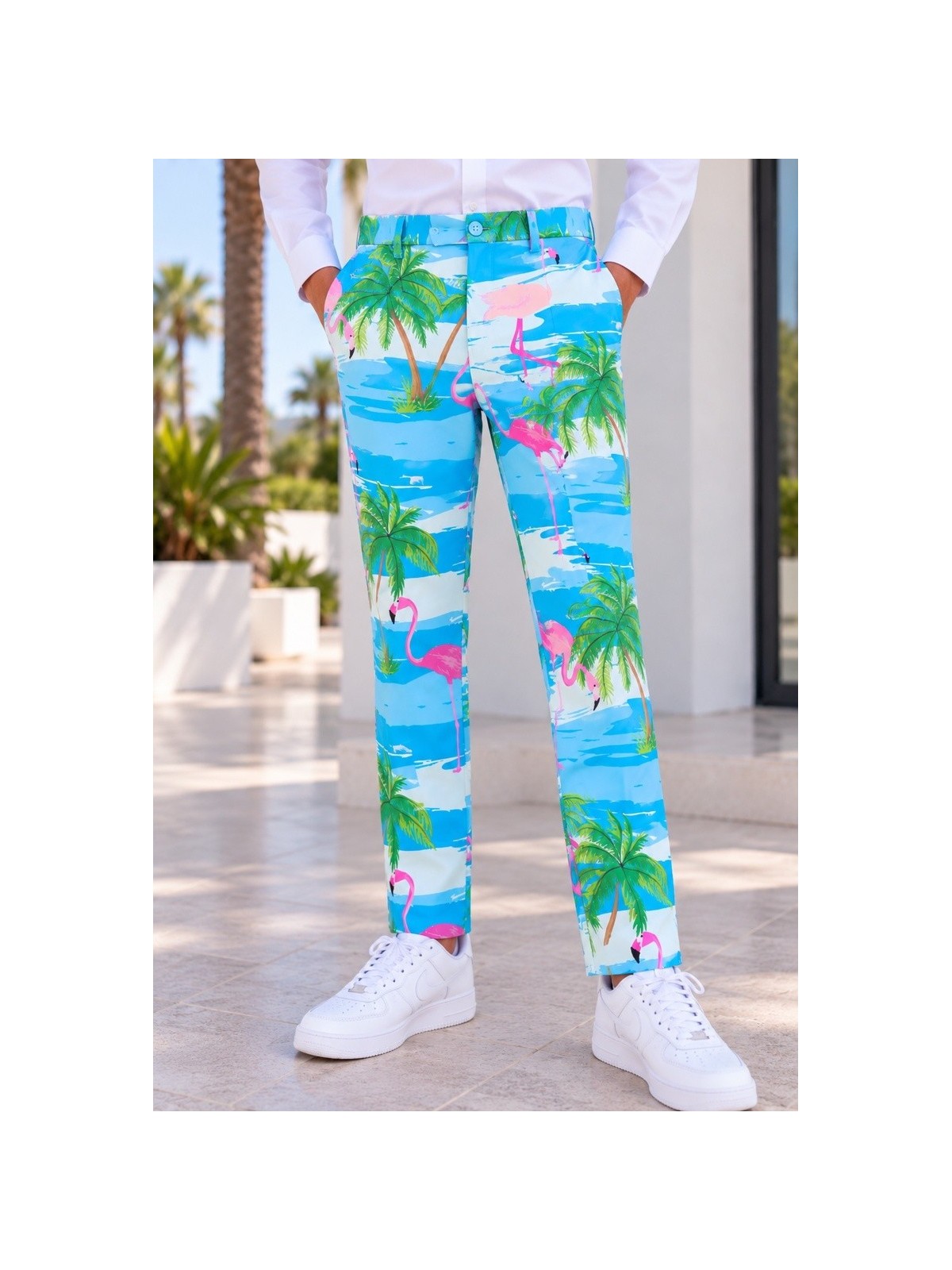 OPPOSUITS GARNITUR DLA CHŁOPCA W KOLOROWE WZORY FLAMINGGI I PALMY 3-CZĘŚCIOWY MARYNARKA , SPODNIE I KRAWAT OSTB-0013