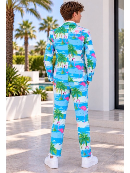 OPPOSUITS GARNITUR DLA CHŁOPCA W KOLOROWE WZORY FLAMINGGI I PALMY 3-CZĘŚCIOWY MARYNARKA , SPODNIE I KRAWAT OSTB-0013