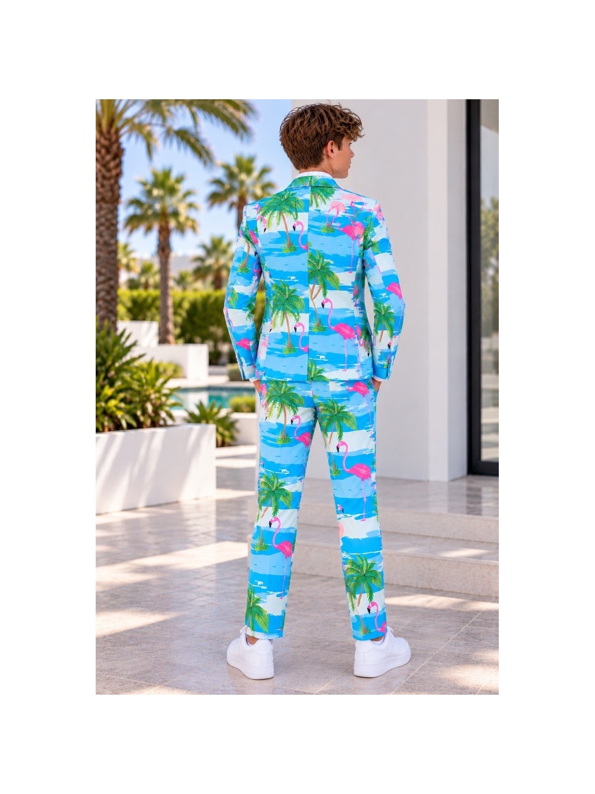 OPPOSUITS GARNITUR DLA CHŁOPCA W KOLOROWE WZORY FLAMINGGI I PALMY 3-CZĘŚCIOWY MARYNARKA , SPODNIE I KRAWAT OSTB-0013