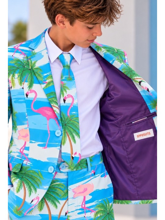 OPPOSUITS GARNITUR DLA CHŁOPCA W KOLOROWE WZORY FLAMINGGI I PALMY 3-CZĘŚCIOWY MARYNARKA , SPODNIE I KRAWAT OSTB-0013