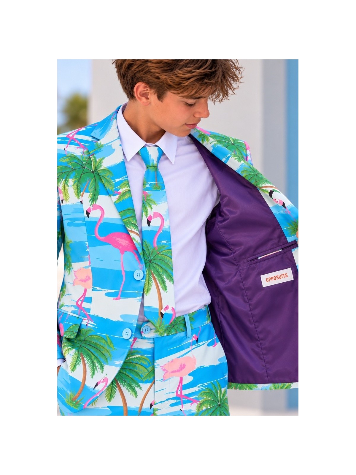 OPPOSUITS GARNITUR DLA CHŁOPCA W KOLOROWE WZORY FLAMINGGI I PALMY 3-CZĘŚCIOWY MARYNARKA , SPODNIE I KRAWAT OSTB-0013