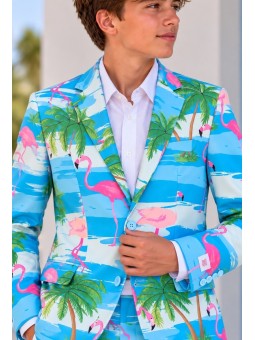 OPPOSUITS GARNITUR DLA CHŁOPCA W KOLOROWE WZORY FLAMINGGI I PALMY 3-CZĘŚCIOWY MARYNARKA , SPODNIE I KRAWAT OSTB-0013