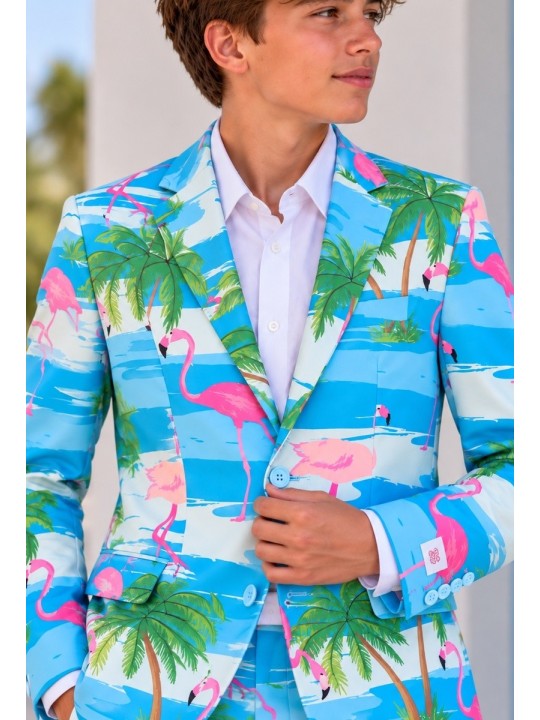 OPPOSUITS GARNITUR DLA CHŁOPCA W KOLOROWE WZORY FLAMINGGI I PALMY 3-CZĘŚCIOWY MARYNARKA , SPODNIE I KRAWAT OSTB-0013