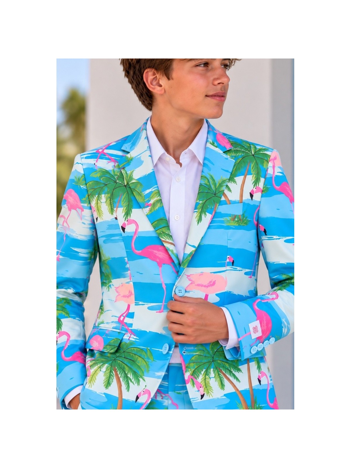 OPPOSUITS GARNITUR DLA CHŁOPCA W KOLOROWE WZORY FLAMINGGI I PALMY 3-CZĘŚCIOWY MARYNARKA , SPODNIE I KRAWAT OSTB-0013
