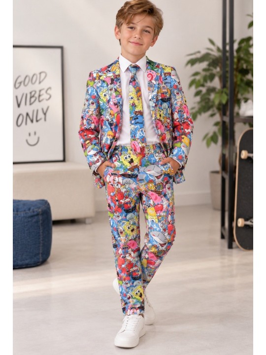 OPPOSUITS KOLOROWY GARNITUR DLA CHŁOPCA SPONGEBOB FRENZY 3-CZĘŚCIOWY MARYNARKA , SPODNIE I KRAWAT OSBO-1015