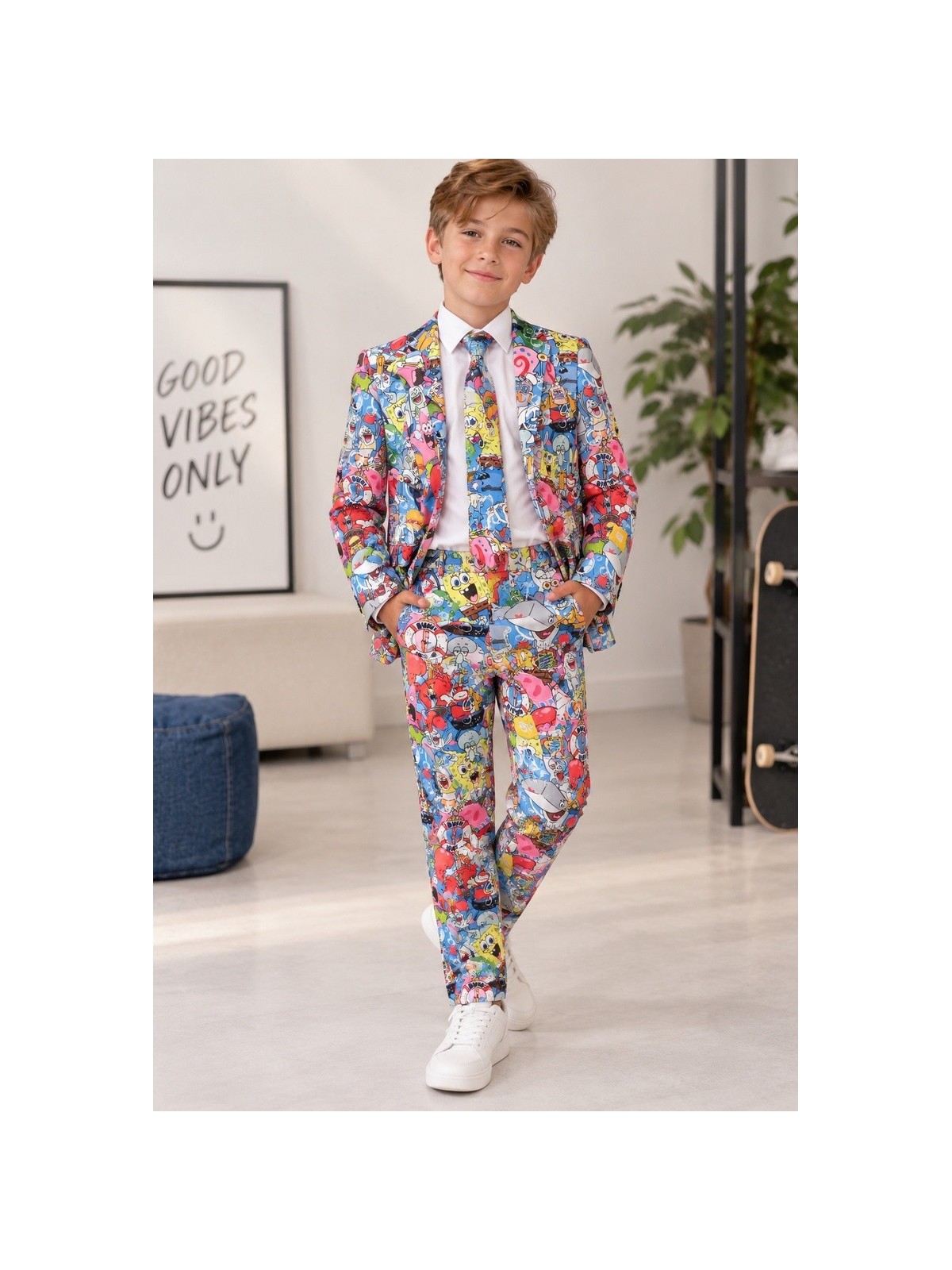 OPPOSUITS KOLOROWY GARNITUR DLA CHŁOPCA SPONGEBOB FRENZY 3-CZĘŚCIOWY MARYNARKA , SPODNIE I KRAWAT OSBO-1015