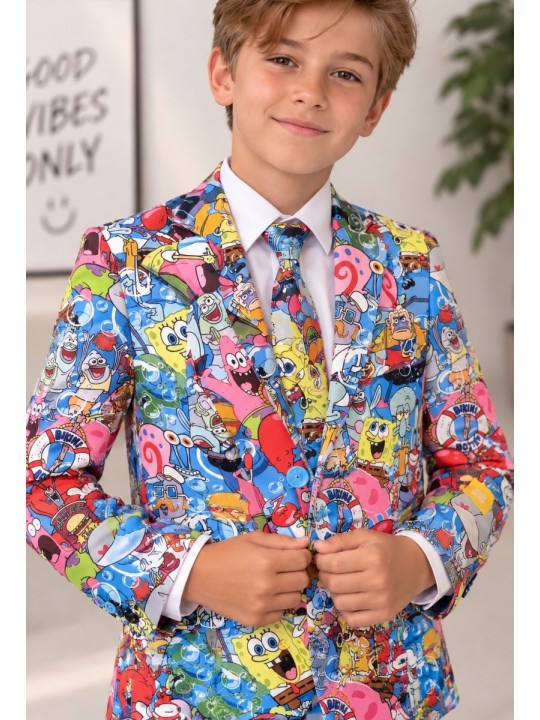 OPPOSUITS KOLOROWY GARNITUR DLA CHŁOPCA SPONGEBOB FRENZY 3-CZĘŚCIOWY MARYNARKA , SPODNIE I KRAWAT OSBO-1015