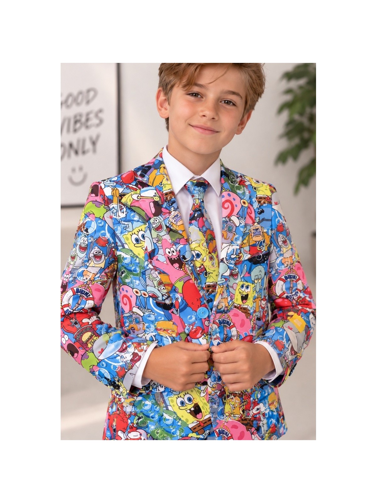 OPPOSUITS KOLOROWY GARNITUR DLA CHŁOPCA SPONGEBOB FRENZY 3-CZĘŚCIOWY MARYNARKA , SPODNIE I KRAWAT OSBO-1015